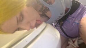 Diaper girl licks toilet